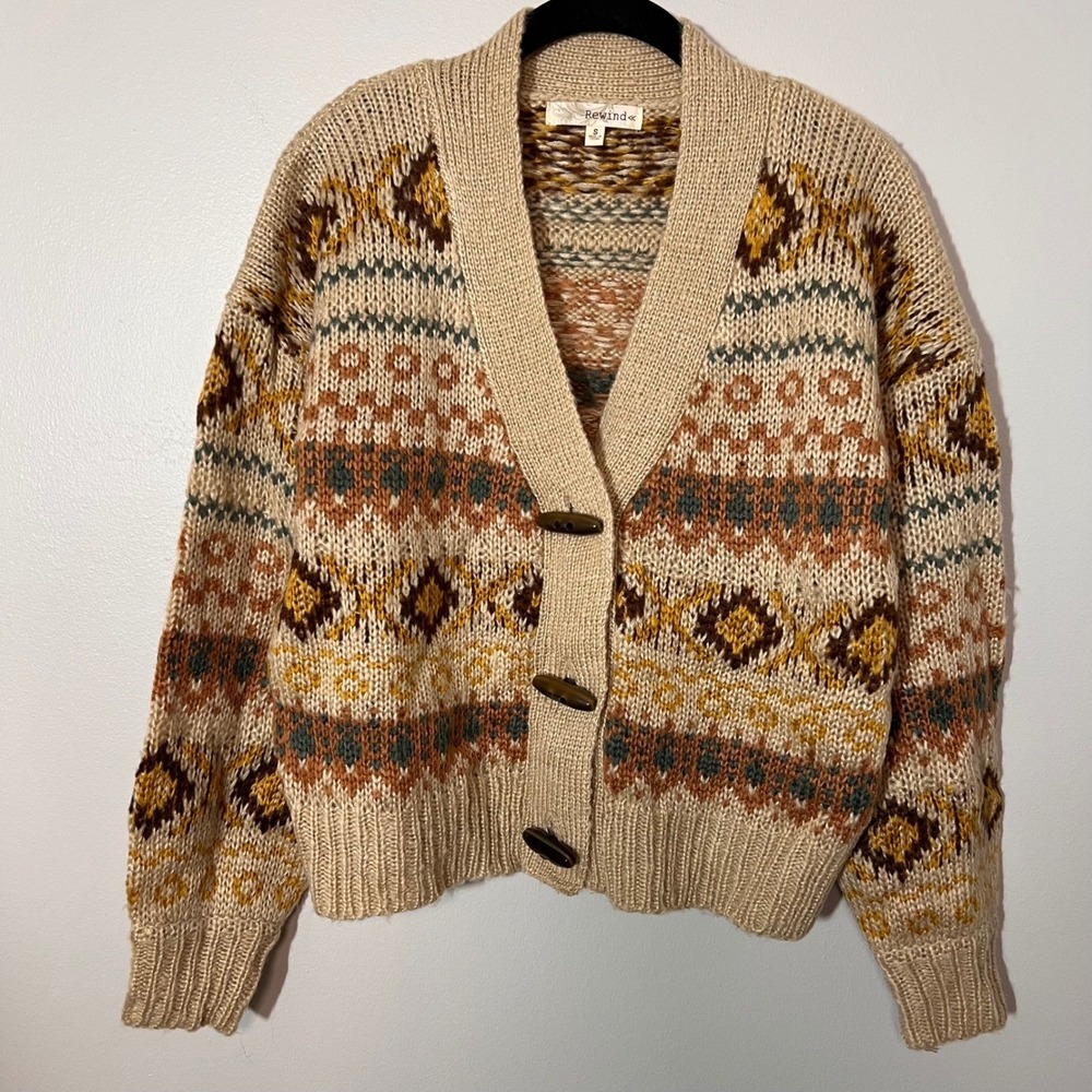 Rewind‎ Womens Fair Isle Vintage-Inspired Toggle Button Cardigan Neutral Small - Picture 2 of 12